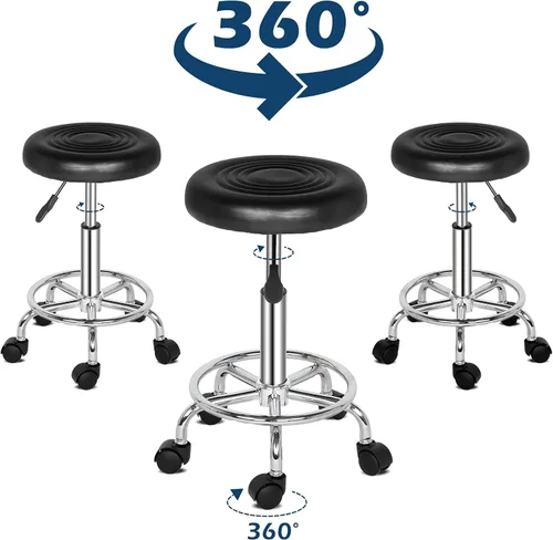 Vista 3 de Taburete de bar redondo con contador de rotación de líneas, altura ajustable, taburetes de bar modernos giratorios de piel sintética de 360° sin