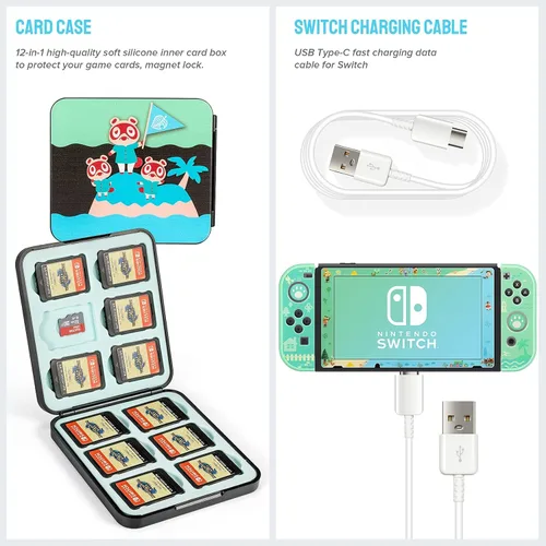Vista 7 de Gefacr GEFACR Case for Switch with Animal Crossing,Switch Accessories Bundle Carry Case & Protective Case Cover,Screen Protector & Thum green