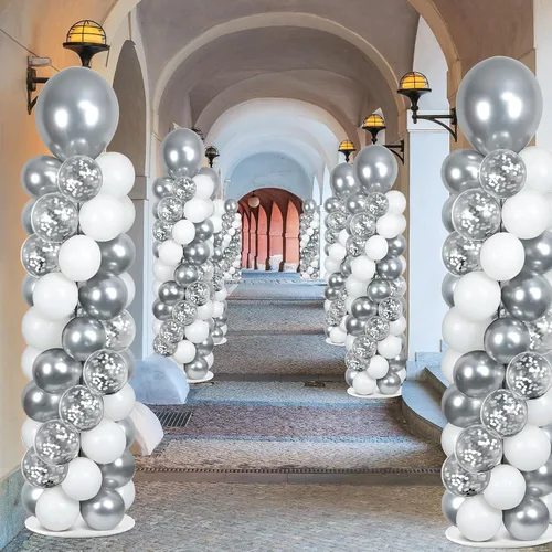 Vista 6 de Juego de 2 soportes de columna de globos plateados y blancos con 100 globos plateados con base para globos de confeti de suelo, kit de columna