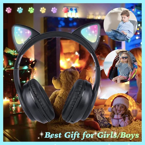 Vista 3 de Auriculares inalámbricos para niños y niñas con orejas de gato, LED que brillan con luces Bluetooth con micrófono para Negro