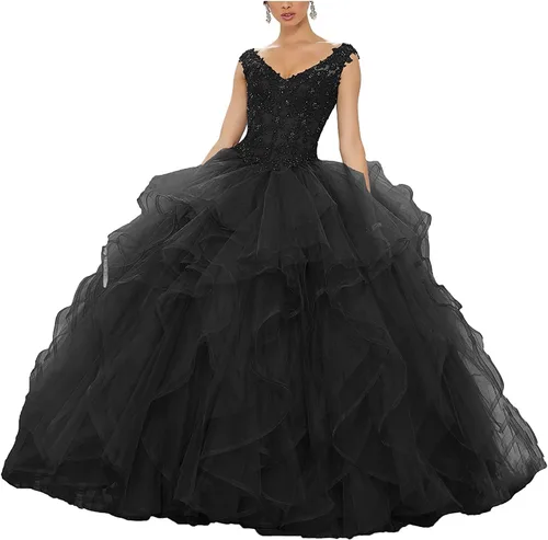 Vista 25 de QXMYOO Vestido de Gala de Quinceañera Sweet 16 Fiesta de Graduación Vestido de Princesa para Adolescentes Negro (Style1-Black)