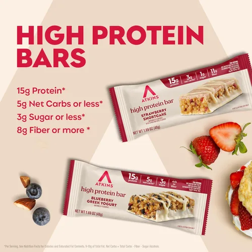 Vista 4 de Atkins Barrita de yogur griego de arándanos y fresas con alto contenido de proteínas, alta fibra, apta para dieta cetogénica, 12