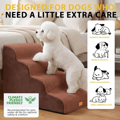 Vista 3 de Escaleras de 4 escalones para perros pequeños, escalones de espuma antideslizante para mascotas para camas altas Marrón
