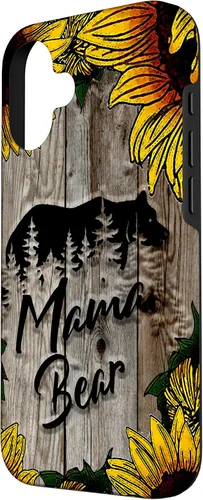 Vista 2 de Funda de regalo para el día de la madre con diseño de girasol de madera rústica para iPhone 16 Mama Bear