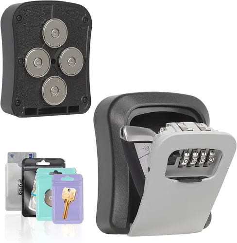 Vista 10 de Caja magnética para llaves para debajo del coche, esconde una llave en el exterior con caja de cerradura de combinación, caja fuerte de seguridad