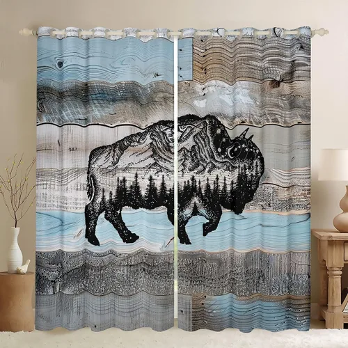 Vista 11 de Erosebridal Cortinas y cortinas geométricas de reno, con diseño de oso y ciervo, cortinas opacas con entramado a cuadros para dormitorio, bosque