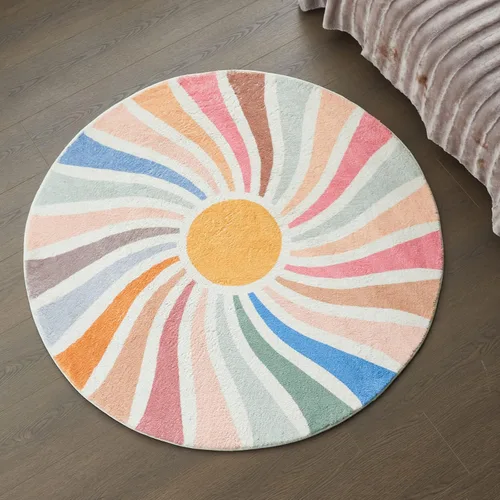 Vista 6 de Topotdor Alfombra redonda con diseño de arco iris, colorida alfombra bohemia para niños, ultra suave, lavable, para habitación de bebé, dormitorio