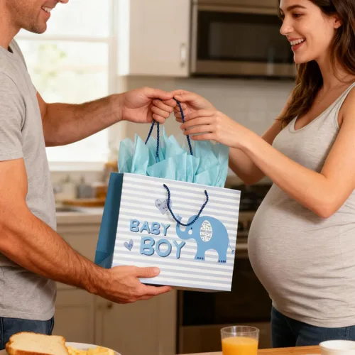 Vista 6 de DiffyGo Bolsa de regalo de bebé grande de 13 pulgadas para baby shower con papel de seda y tarjeta (azul)