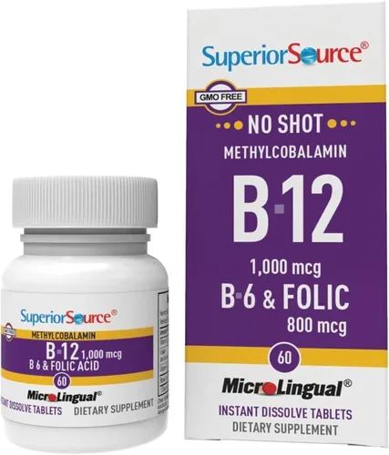 Vista 12 de Superior Source No Shot Vitamina B12 Metilcobalamina (1000 mcg), B6, ácido fólico, tabletas microlingües de disolución rápida, 60 unidades, aumenta