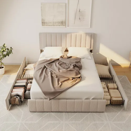 Vista 8 de Gizoon Base de cama matrimonial tapizada con 4 cajones de almacenamiento, cabecera ajustable, sin ruido, soporte de listones de madera, se adapta a
