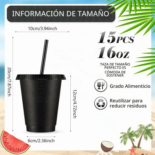 Vista 2 de Rtteri 15 vasos reutilizables con popotes y tapas, vasos de plástico con purpurina de 16 onzas, vasos de plástico para recuerdos de fiesta con Negro
