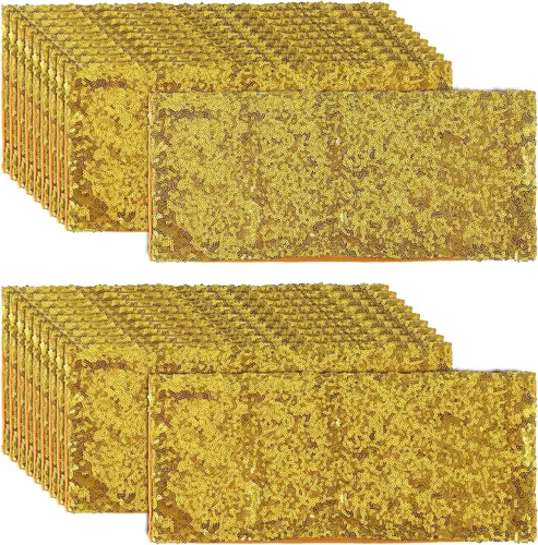 Vista 2 de KEILEOHO Paquete de 60 bandas de lentejuelas para sillas de 14 x 6 pulgadas, lazos dorados para silla, bandas decorativas con purpurina