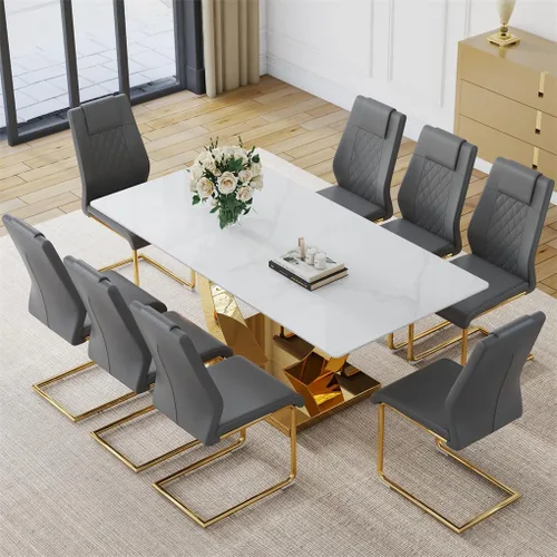Vista 36 de Juego de mesa de comedor para 4, mesa de comedor de mármol sintético de 63 pulgadas con patas y base de acero inoxidable, sillas acolchadas