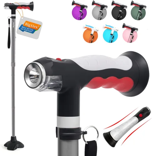 Vista 8 de BigAlex Bastón plegable con dos luces LED para ancianos, base sólida, bastón ajustable con bolsa de transporte para hombres y mujeres Negro