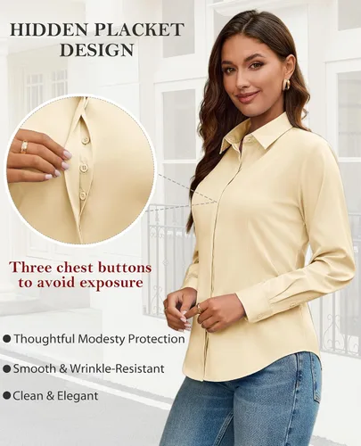 Vista 5 de Gleeivy Camisa con botones para mujer, solapa con botones ocultos, ligera, transpirable, resistente a las manchas, manga larga, trabajo e informal