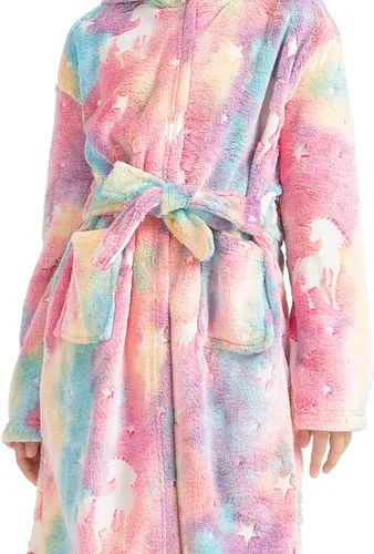 Vista 5 de ALLINCOZY Bata de baño que brilla en la oscuridad para niños de 3 a 12 años, bata de franela con capucha para niñas y niños, regalo de ropa