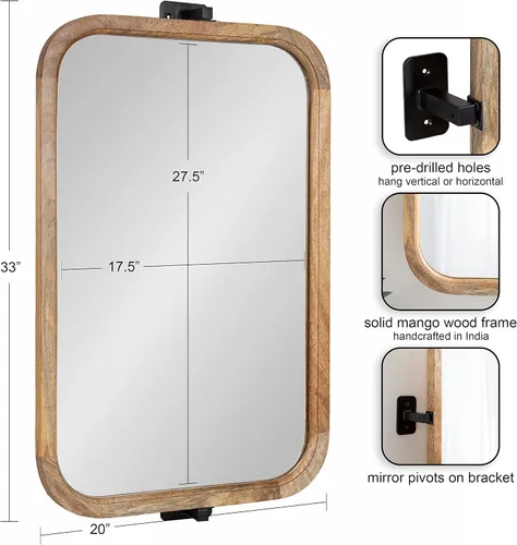 Vista 2 de Kate and Laurel Hogan - Espejo pivote rectangular redondeado de madera, 20 x 33, madera marrón natural, espejo giratorio rectangular redondo