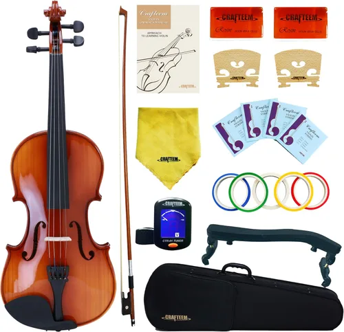 Vista 13 de CRAFTEEM 1/2 Conjunto de violín negro premium hecho a mano para principiantes, adultos y niños con cinta adhesiva para dedos de 5 colores - Violín