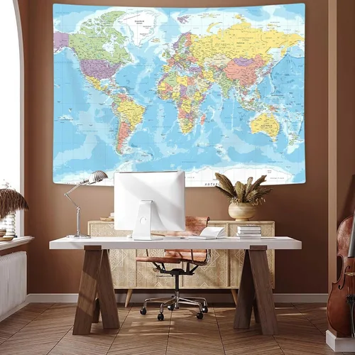 Vista 10 de ICTEISOM Tapiz de mapa del mundo para niños estudiantes, mapa del mundo con países y ciudades principales, tapiz de arte de pared póster tapices