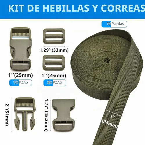 Vista 3 de Juego de correas de hebillas de 1 pulgada con correas de nailon de 10 yardas, 10 hebillas de plástico de liberación lateral rápida, 20 clips Verde