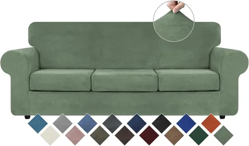 Vista 29 de WEERRW 4 Piezas Fundas de Terciopelo de Alta Elasticidad para Sofá de 3 Cojines Fundas de Sofá, Protector de Muebles Lavable con Parte Inferior
