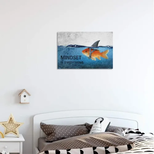 Vista 2 de Arte de Pared en Lienzo Inspiracional con Citas, Cuadros Abstractos de Pez Dorado Azul y Tiburón, Pósters, Pintura sobre Lienzo, Obra de Arte