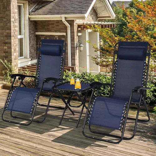 Vista 3 de HAPPYGRILL Juego de sillas de salón Zero Gravity con mesa auxiliar, sillas reclinables plegables con mesa auxiliar y almohada, juego de 3 piezas