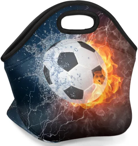 Vista 2 de Bolsas de almuerzo de neopreno con balón de fútbol en fuego de hielo para mujeres, bolsas de almuerzo, lavables, aisladas, para el trabajo, picnic