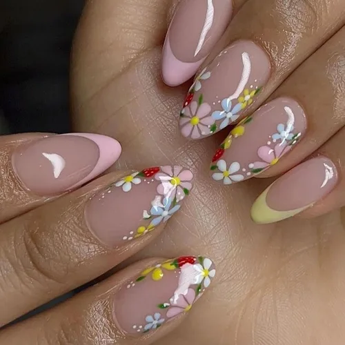 Vista 31 de Uñas postizas a presión con punta francesa, uñas postizas medianas con flores 3D, concha de perla, diseño de estrellas de mar, uñas blancas a