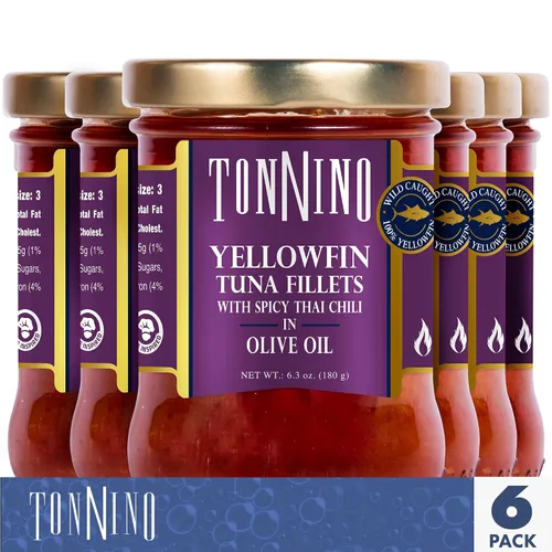 Vista 2 de Tonnino Filetes de atún bajos en calorías y sin gluten de aleta amarilla en aceite de oliva, 6.3 onzas, chile tailandés picante (paquete de 6))