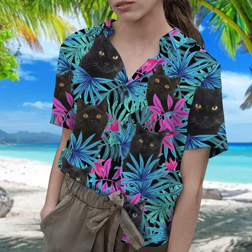 Vista 5 de Cat - Camisa hawaiana para hombre, camisa de verano con botones de gato tropical, unisex, divertida camisa casual de manga corta para hombre