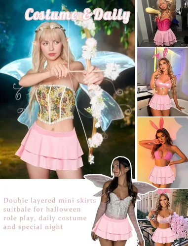 Vista 4 de Avidlove - Minifalda plisada con volados para mujer, color liso, falda de lencería