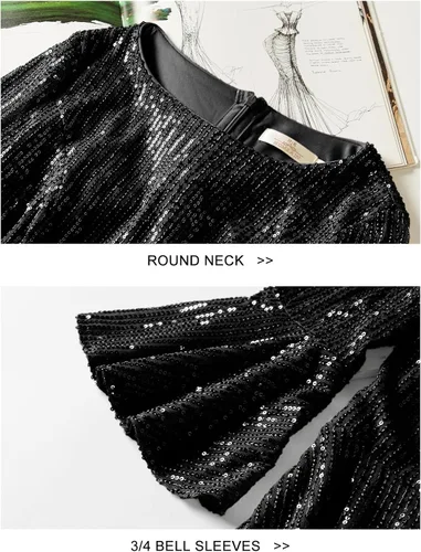 Vista 5 de HomRain Vestido de lentejuelas para mujer, con mangas acampanadas, vestidos formales brillantes para invitados de boda, hasta la rodilla, vestido