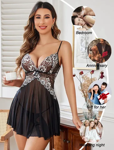 Vista 5 de Avidlove Lencería de encaje para mujer, babydoll sexy, camisa tipo chemise, camisón exótico para novia, camisón nupcial