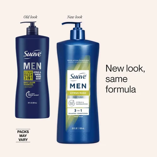Vista 4 de Suave Men Citrus Rush Daily Clean 3 en 1 champú, acondicionador y gel de baño con glicerina y queratina hidrata y suaviza el cabello, aroma cítrico