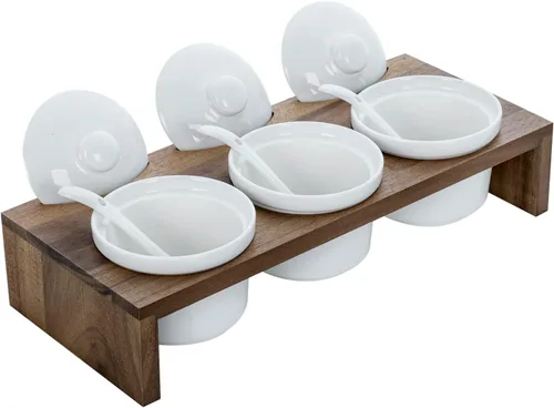 Vista 4 de MyGift Juego de Servir de Condimentos de 10 Piezas Incluye Bandeja de Presentación Elevada de Madera Sólida de Acacia Premium y 3 Cuencos