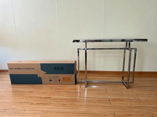 Vista 5 de ASYA Mesa consola de cristal para entrada, mesa de entrada moderna con vidrio templado y marco cromado, mesa de sofá plateada para sala de estar