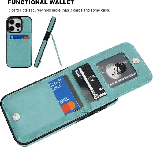 Vista 4 de KIHUWEY Compatible con iPhone 14 Pro Funda Cartera con Tapa con Soporte para Tarjetas de Crédito, Cuero Premium con Cierre Magnético, Función Atril