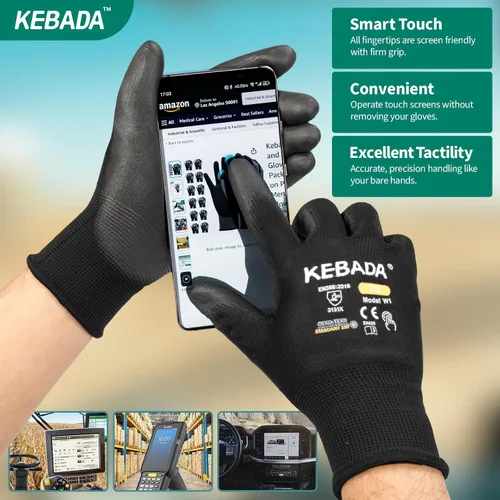 Vista 3 de Kebada Guantes de trabajo de seguridad, paquete de 120 pares a granel, pantalla táctil, revestimiento de poliuretano, ideales para almacén, Negro