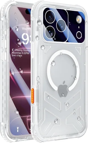 Vista 46 de Funda impermeable para iPhone 15 con Magsafe, protector de pantalla, cordón, IP68 militar de cuerpo completo a prueba de golpes, para deportes Negro