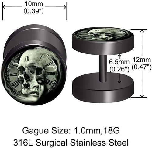 Vista 6 de FLYUN 6 pares de aretes de calavera para hombre, aretes de calibre falso, aretes de tapones falsos para hombres y hombres, aretes negros