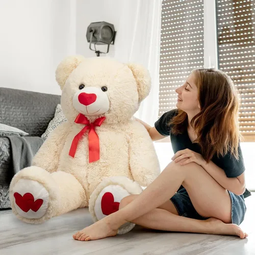 Vista 3 de HollyHOME Oso de Peluche Grande Animal de Peluche Oso Grande de Felpa con Corazón Rojo para Novia y Niños Juguete de Regalo de Vacaciones 36 Beige