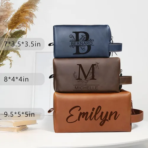 Vista 3 de Bolsa de artículos de aseo personalizada para hombres, kit de viaje de cuero con monograma personalizado para hombres, organizador de artículos