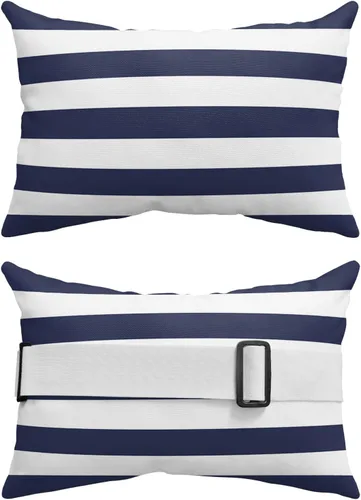 Vista 2 de Almohada reclinable para la cabeza con inserto, almohada lumbar de rayas azul marino y blancas con correa ajustable, almohadas de patio impermeables