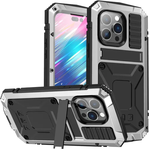 Vista 9 de Funda de metal para iPhone 14 de aluminio de grado militar con protector de pantalla de soporte de metal, a prueba de caídas, a prueba de golpes