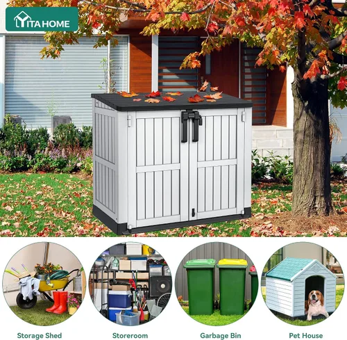 Vista 3 de YITAHOME - Cobertizo de almacenamiento al aire libre de 36 pies cúbicos de resina, cobertizo de herramientas horizontal resistente a la intemperie