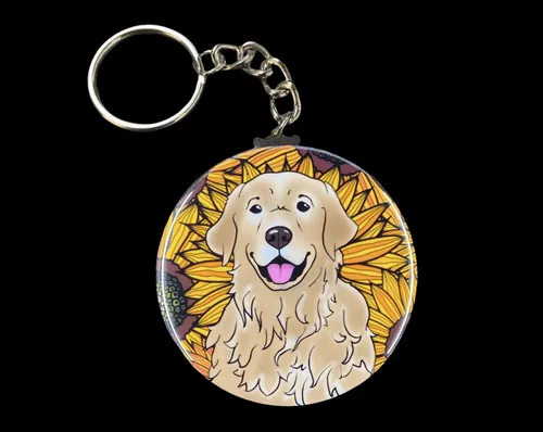 Vista 8 de Golden Retriever Sunflower Keychain - Floral Dog Key Ring - Pet Portrait Cartoon Art Gifts & Collectible Accessories