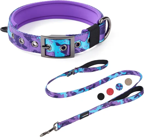 Vista 7 de Annchwool Juego de collar ajustable para perro y correa de 5 pies con hebilla de metal resistente, cómodo forro reflectante y doble asa para perros