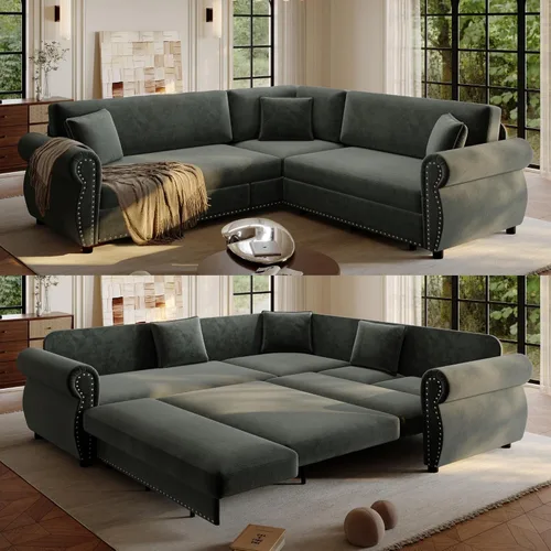 Vista 17 de Sofá cama seccional en forma de L de 6 asientos, sofá extraíble de chenilla gris Gris oscuro