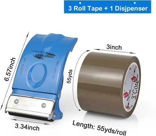 Vista 2 de Cinta de embalaje de 3 pulgadas de ancho con dispensador, 2.4 mil x 55 yardas de cinta de embalaje resistente para envíos, grado industrial, cinta